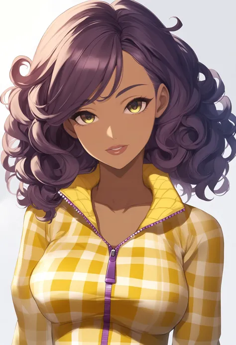 a woman with purple hair and a yellow shirt is posing