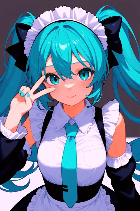 pixel-art 1girl, hatsune miku, solo, twintails, long hair, maid headdress, necktie, looking at viewer, v, maid, apron, detached ...