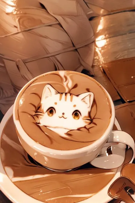 Highly detailed, High Quality, Masterpiece, beautiful, coffee, latte, LatteArt, latte art, food art, <lora:LatteArt:1>, no humans,  <lora:cat_20230627113759:1> , cute cat ,