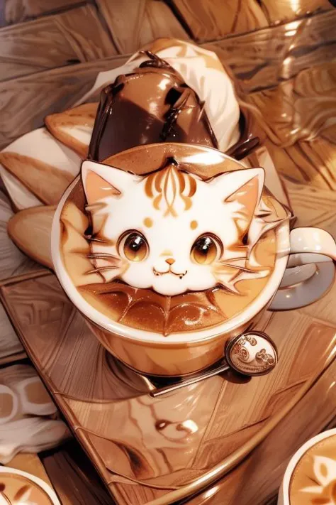 Highly detailed, High Quality, Masterpiece, beautiful, coffee, latte, LatteArt, latte art, food art, <lora:LatteArt:1>, no humans,  <lora:cat_20230627113759:1> , ((cute cat drooling), (full body:1.2)) , <lora:add_detail:1.1>