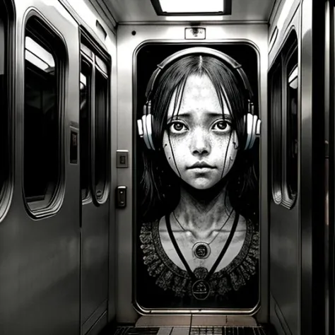 manga panel , horror manga,girl with headphones standing frightened in the door of a train, there is a giant creepy giant face b...