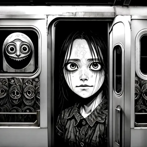 manga panel , horror manga,girl standing frightened in the door of a train, there is a giant creepy giant face behind her, zoome...
