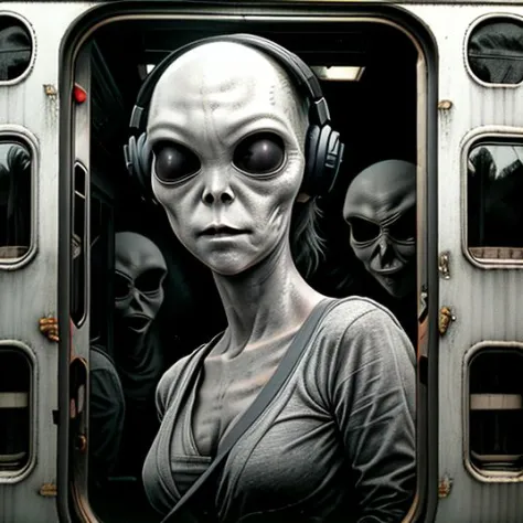 <lora:last:1> shadow of grey alien outside of window, opaque glasses,, manga panel , horror manga,girl with headphones standing ...