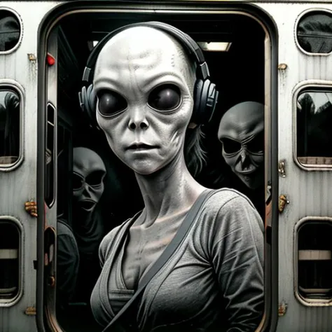 sombra de alienígena gris fuera de la ventana, Gafas opacas,, panel manga , horror manga,Chica con auriculares parada asustada en la puerta de un tren., hay una cara gigante gigante y espeluznante detrás de ella, alejado, paredes con ojos, cuerpo completo, Detalle intrincado, estilo manga, screentones,  crujiente, pixiv,nijihorror