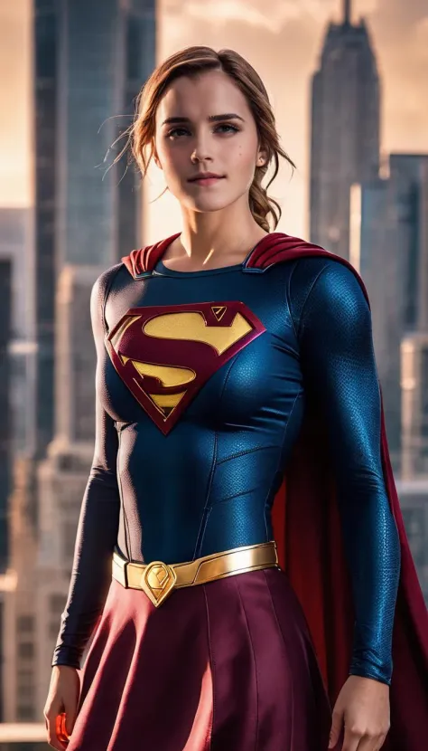 fullbody portrait of skswoman, happy , brown eyes, freckles, wearing supergirl suit , background city skyscrapers, bokeh, epic (photo, studio lighting, hard light, sony a7, 50 mm, matte skin, pores, colors, hyperdetailed, hyperrealistic) <lora:Emma Watson LoRA SDXL:1.1>