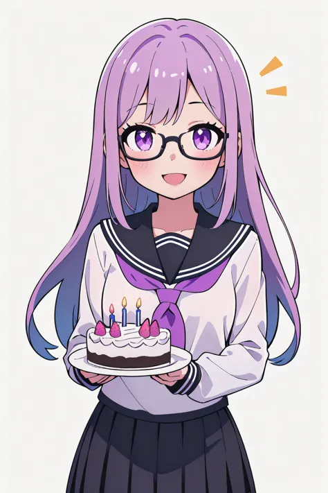 anime girl with glasses holding a cake with candles on it