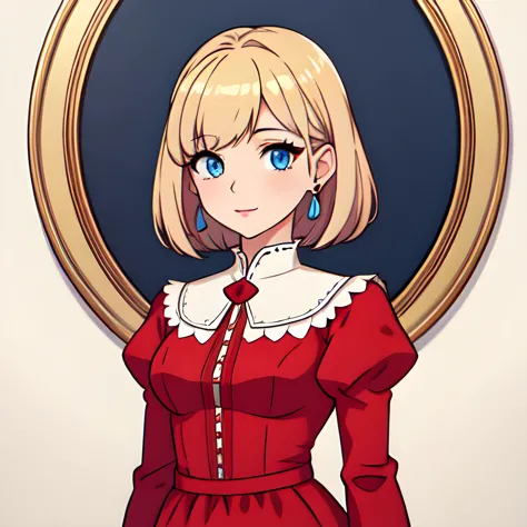 Elisa Swift(petite young woman, ice blue eyes, blonde hair, short, small bust) wearing a red dress (MasterPiece) (Highly Detaile...