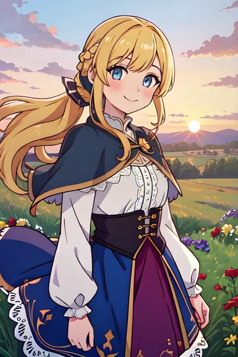 best quality, masterpiece, extremely detailed, detailed background, 1girl, solo, yellow hair, blue eyes, braid, long hair, wavy hair, fluffy hair, ponytail, french braid, blush, smile, capelet, lace trim, bodice, sunset, dusk, scenery, high place, horizon, wind, wind blow, flowerbed, looking at viewer, depth of field, bokeh