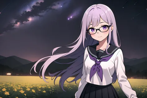 anime girl with long hair and glasses standing in a field of flowers