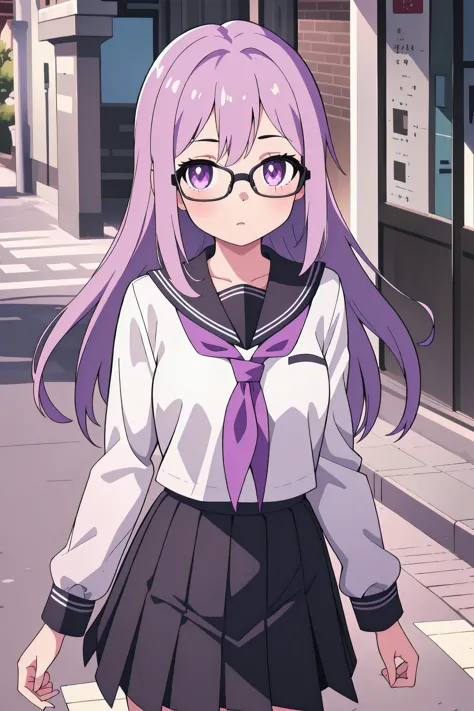 anime girl with glasses and a purple tie walking down a street