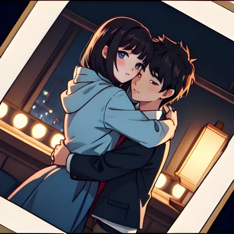 anime couple hugging in front of a mirror in a room