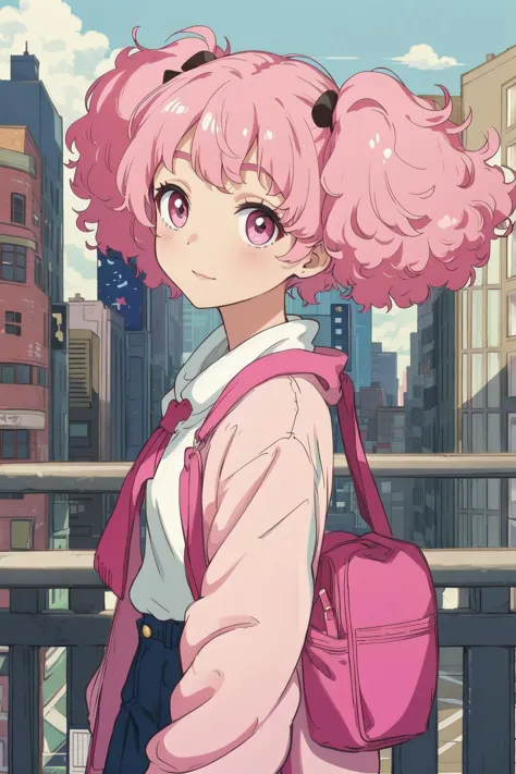 masterpiece,best quality,1girl, short hair,twintails,(afro:1.1),city,clothes,pink hair