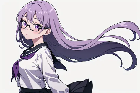 anime girl with long purple hair and glasses in a white shirt