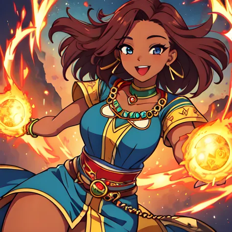 a cartoon image of a woman with a fire ball in her hand