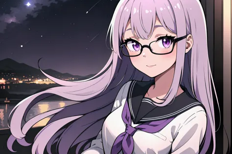 anime girl with long hair and glasses looking out a window