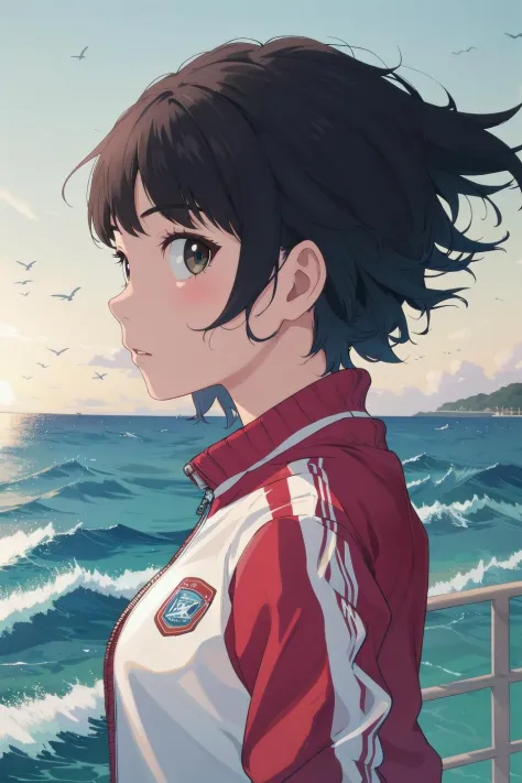 masterpiece,best quality,1girl,short hair,track jacket,face,from side,looking at viewer,wind,sea