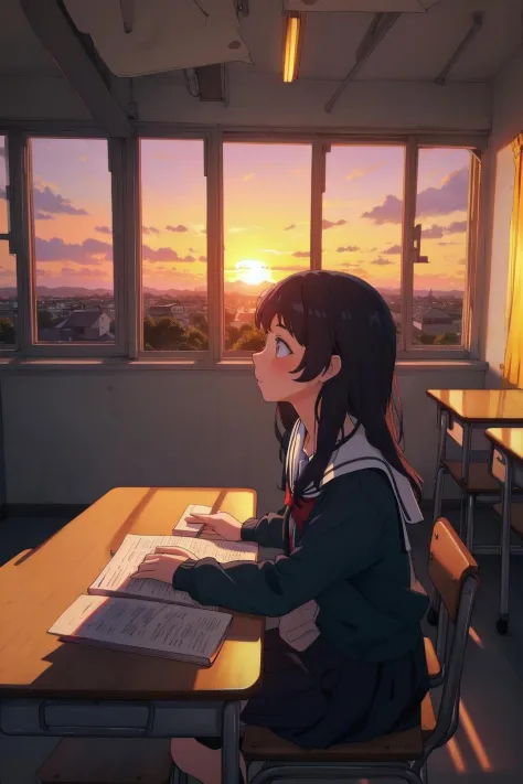 masterpiece,best quality,1girl,classroom,sunset,from side,from above,landscape