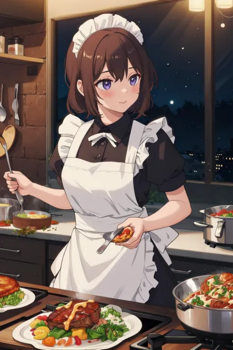 masterpiece,best quality,1girl,cooking,maid,night