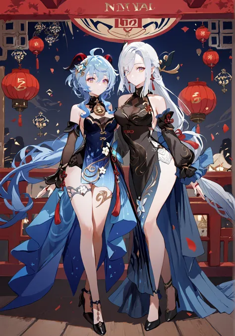 two anime girls in long dresses standing next to each other