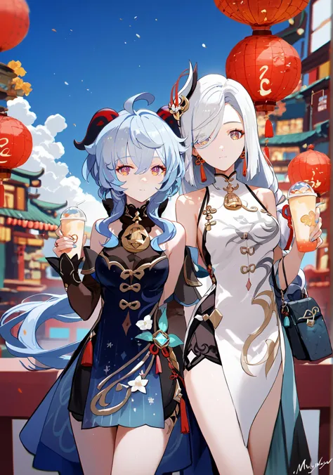 two anime girls in costumes standing next to each other