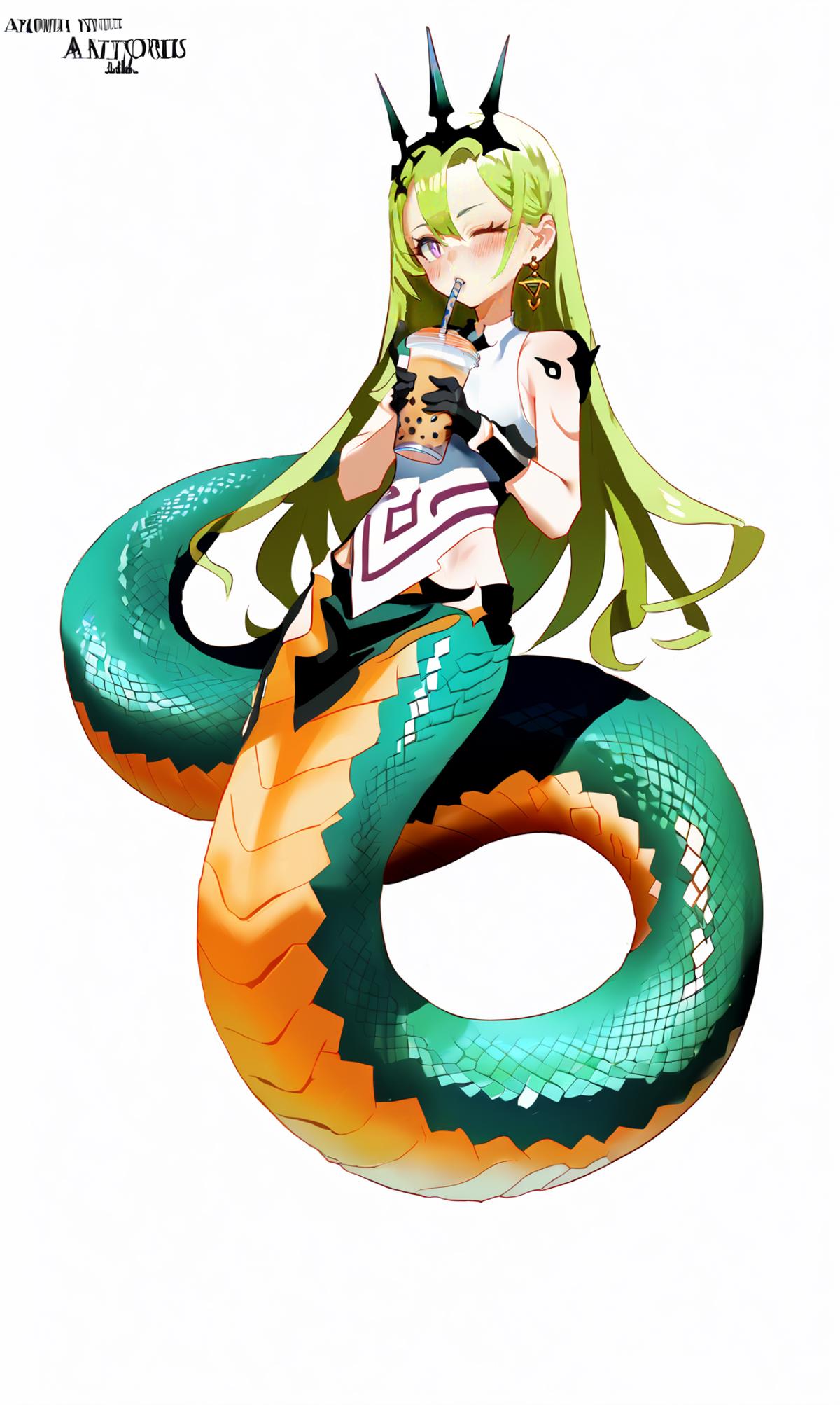 Anime girl sitting on a giant snake with a cat - SeaArt AI