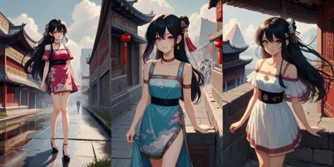 anime girl in a blue dress walking down a street