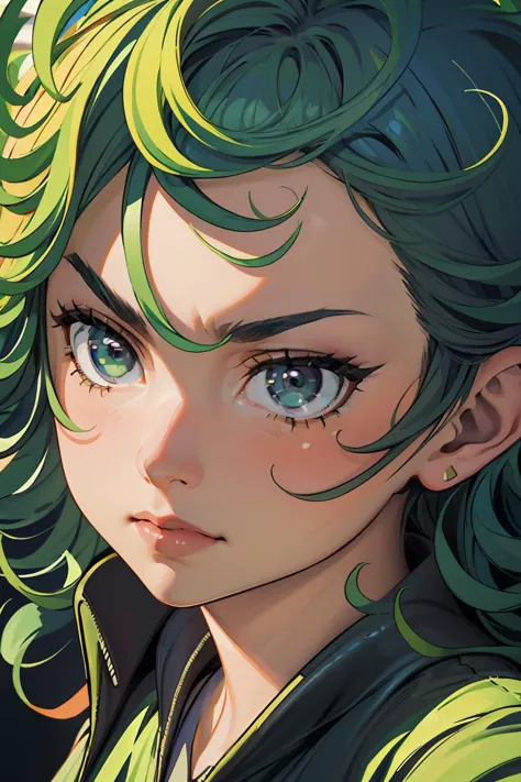 anime girl with green hair and green eyes looking at the camera