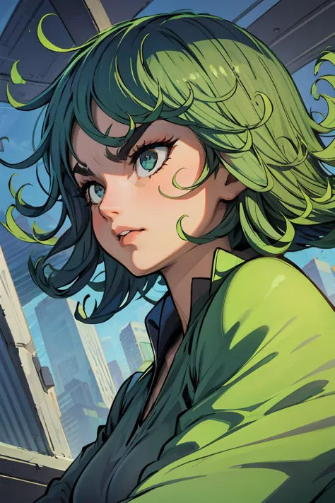 a close up of a woman with green hair and a green shirt