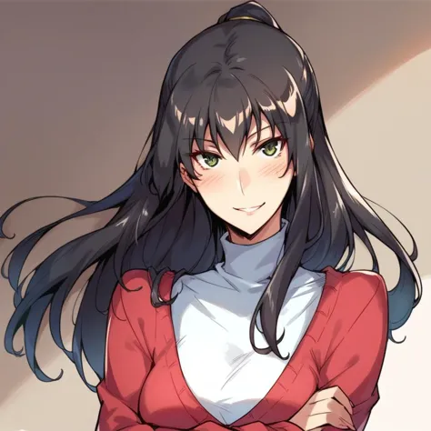 anime girl with long black hair and a red sweater