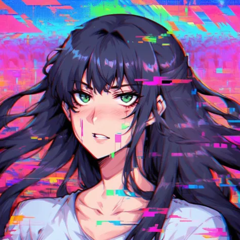 anime girl with long black hair and green eyes in front of a colorful background