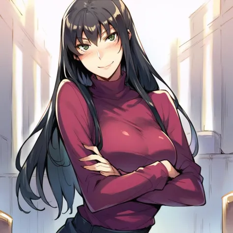 anime girl with long black hair and red shirt standing in a hallway