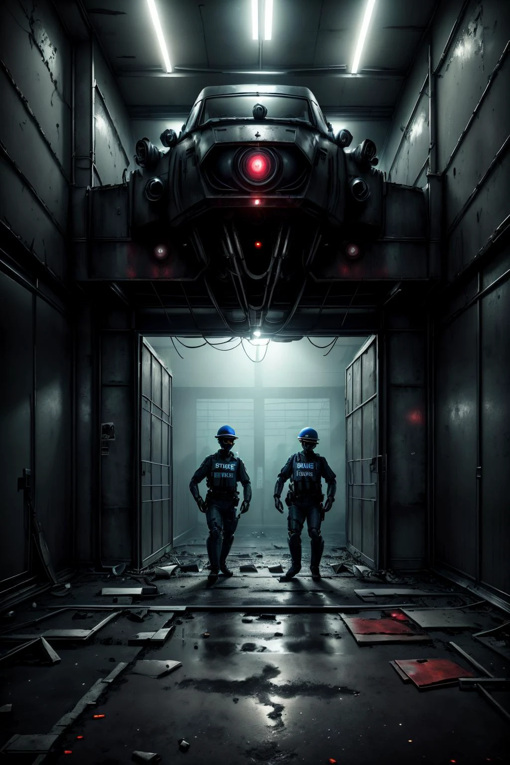 policemen approach a strange machine  in an abandoned warehouse 