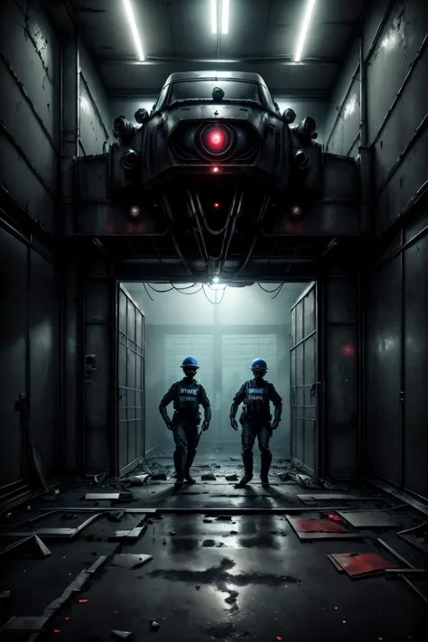 policemen approach a strange machine  in an abandoned warehouse <lora:add_detail:0.2> <lora:CosmicEldritchTech-20:0.8> <lora:D3m...