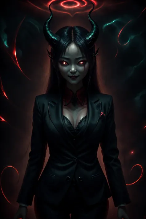 24yo chinese woman, wicked smile, suit, horns, dark room  <lora:add_detail:0.2> <lora:CosmicEldritchTech-20:0.8> <lora:D3m1co:0....