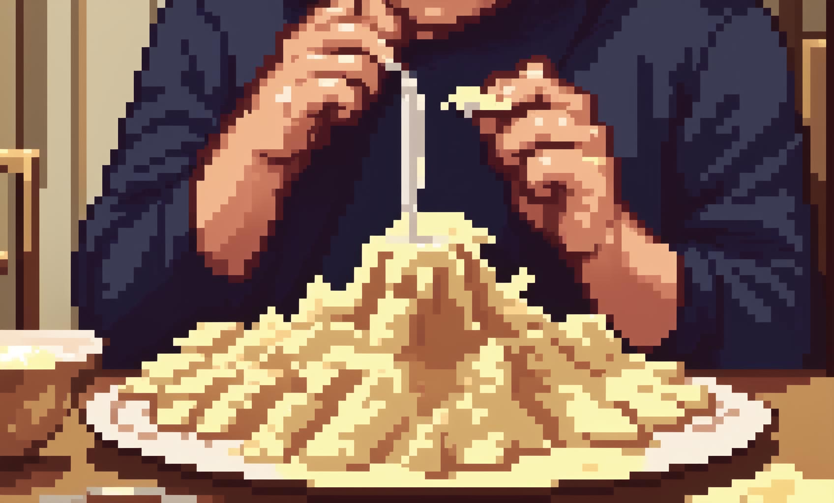 There is a man eating a plate of food with a fork - SeaArt AI