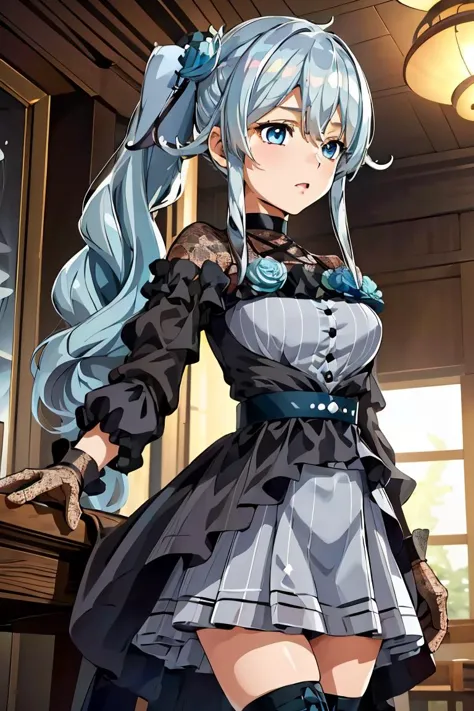 (masterpiece, best quality), 1girl, <lora:yukishiro_mahiro_v1:1> aamahiro, long hair, blue hair, side ponytail, hair flower, blue flower, blue eyes, vertical stripes, black dress, long sleeves, lace gloves, black gloves, white skirt, black thighhighs