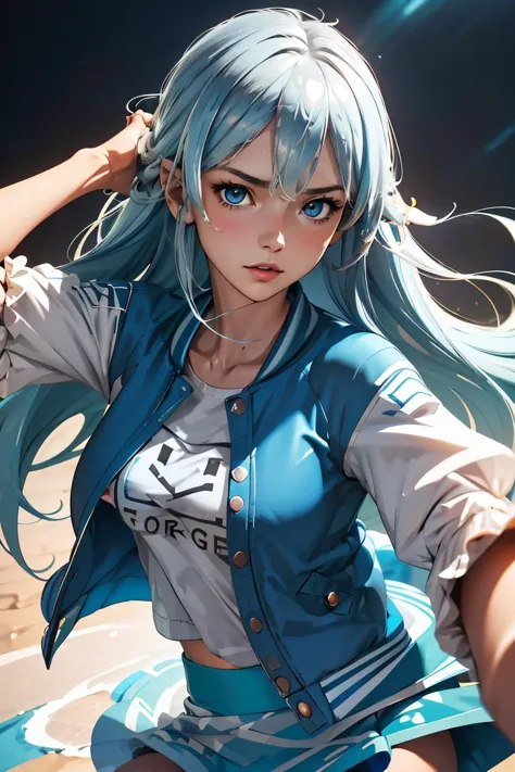 (masterpiece, best quality), 1girl,  <lora:yukishiro_mahiro_v1:1>  aamahiro, long hair, blue hair, blue eyes, collarbone, white shirt, letterman jacket, blue jacket, open jacket, puffy sleeves, short sleeves, blue skirt, black pantyhose