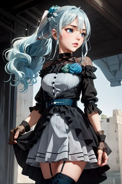 (masterpiece, best quality), 1girl, <lora:yukishiro_mahiro_v1:1> aamahiro, long hair, blue hair, side ponytail, hair flower, blue flower, blue eyes, vertical stripes, black dress, long sleeves, lace gloves, black gloves, white skirt, black thighhighs