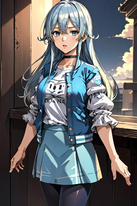 (masterpiece, best quality), 1girl,  <lora:yukishiro_mahiro_v1:1>  aamahiro, long hair, blue hair, blue eyes, collarbone, white shirt, letterman jacket, blue jacket, open jacket, puffy sleeves, short sleeves, blue skirt, black pantyhose