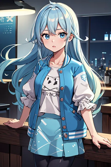 (masterpiece, best quality), 1girl,  <lora:yukishiro_mahiro_v1:1>  aamahiro, long hair, blue hair, blue eyes, collarbone, white shirt, letterman jacket, blue jacket, open jacket, puffy sleeves, short sleeves, blue skirt, black pantyhose