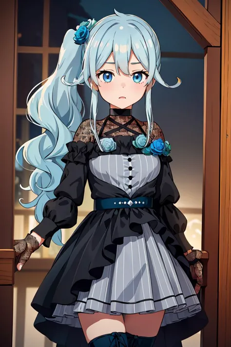 (masterpiece, best quality), 1girl, <lora:yukishiro_mahiro_v1:1> aamahiro, long hair, blue hair, side ponytail, hair flower, blue flower, blue eyes, vertical stripes, black dress, long sleeves, lace gloves, black gloves, white skirt, black thighhighs