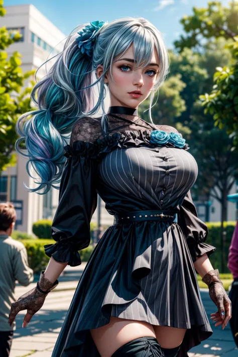 a close up of a woman with blue hair and a dress