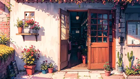 (masterpiece:1.2),(best quality:1.2),<lora:FlatColor:0.5>,(watercolor medium:1.1),
good lighting,(outdoors:1.2),(facing the door:1.3),
convenience store,doorway,potted plant,watering,wooden fence,
bicycle,Windows,(Red brick wall:1.2),autumn,