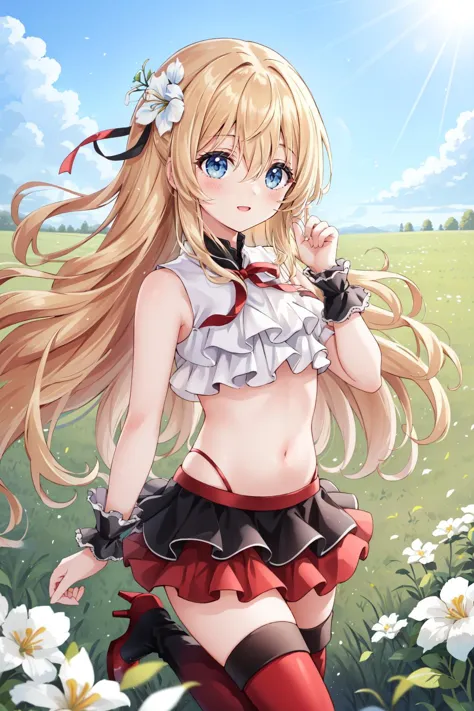 a girl with long blonde hair and a red skirt is standing in a field