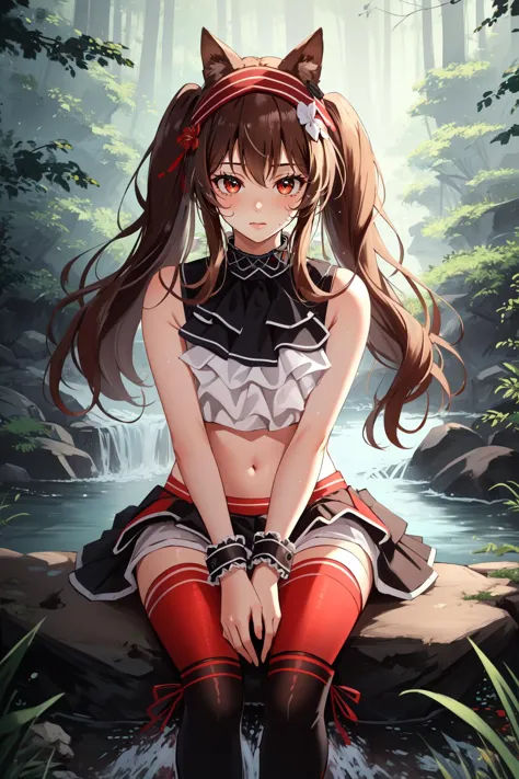 (masterpiece, best quality),  intricate details,
1girl,    <lora:arknightsangmulti:0.8> angdef,
sweating, sweat on midriff, 
 <lora:MikuNisokuClothingV2:0.8> sleeveless shirt, layered shirt, layered skirt, crop top, wrist cuffs,gradient legwear, red thighhighs,high heels, boots,hair flower, ribbon,
outdoors, sitting on rock, river, grass, forest, waterfall, mist,