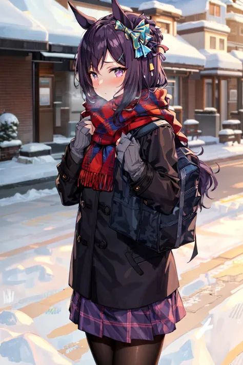 masterpiece, best quality,
mejiro dober \(umamusume\),
outdoors, snow, cold, 
blush, enpera, breath, looking at viewer,
red scarf,  black coat, long sleeves, black pantyhose, purple skirt, pleated skirt, school bag, cowboy shot, winter clothes, plaid scarf, school uniform
<lora:mejiro_dober_lora:0.7>