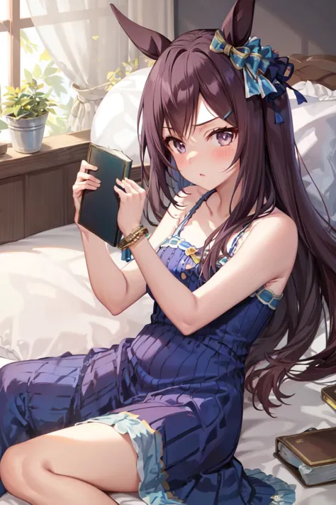 masterpiece, best quality,
mejiro dober \(umamusume\),
lying, on back, holding, holding book, blush, looking to the side, pillow, bed sheet,
barefoot, blue dress, sleeveless dress, bracelet , bare shoulders, collarbone
<lora:mejiro_dober_lora:0.8>