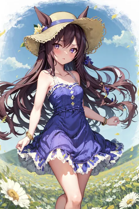 masterpiece, best quality,
mejiro dober \(umamusume\),
standing, crossed legs, flowers, flowers fields, reaching out,
sun hat, s...