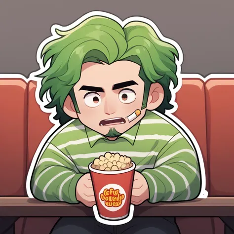 PonyXLV6_Scores, 1boy, male focus, popcorn, solo, cup, open mouth, shirt, holding, disposable cup, green hair, facial hair, striped, holding cup, pants, coat, striped shirt, food, twitch emote, chibi, outline, sticker, <lora:NijiEmotePDXL:1>