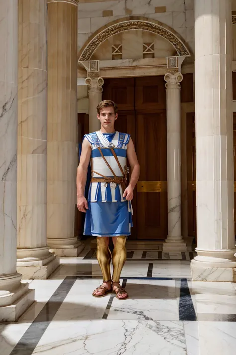 arafed man in a blue and white roman costume standing in a hallway